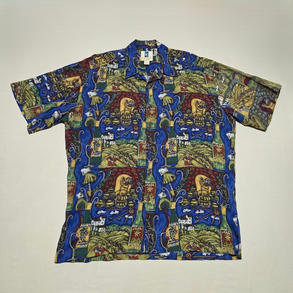 Kahala Men Hawaiian Shirt Medium Blue Rayon Wine Vineyard Aztec Print Reg Fit